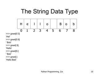 Python Programming, 2/e 10
The String Data Type
>>> greet[0:3]
'Hel'
>>> greet[5:9]
' Bob'
>>> greet[:5]
'Hello'
>>> greet[5:]
' Bob'
>>> greet[:]
'Hello Bob'
H e l l o B o b
0 1 2 3 4 5 6 7 8
 