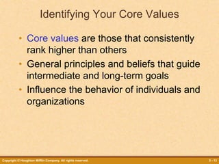 Copyright © Houghton Mifflin Company. All rights reserved. 5 - 13
Identifying Your Core Values
• Core values are those that consistently
rank higher than others
• General principles and beliefs that guide
intermediate and long-term goals
• Influence the behavior of individuals and
organizations
 
