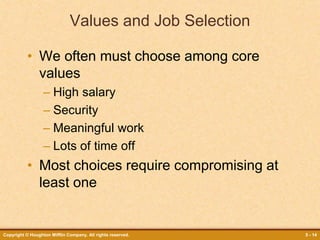 Copyright © Houghton Mifflin Company. All rights reserved. 5 - 14
Values and Job Selection
• We often must choose among core
values
– High salary
– Security
– Meaningful work
– Lots of time off
• Most choices require compromising at
least one
 