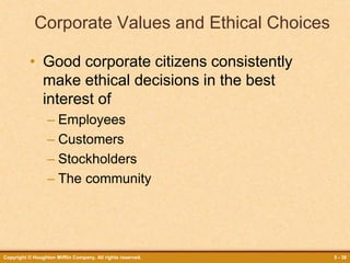 Copyright © Houghton Mifflin Company. All rights reserved. 5 - 36
Corporate Values and Ethical Choices
• Good corporate citizens consistently
make ethical decisions in the best
interest of
– Employees
– Customers
– Stockholders
– The community
 