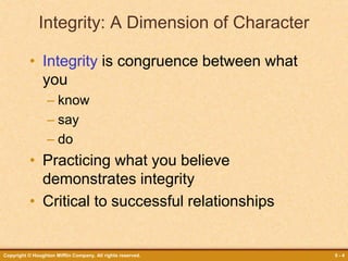 Copyright © Houghton Mifflin Company. All rights reserved. 5 - 4
Integrity: A Dimension of Character
• Integrity is congruence between what
you
– know
– say
– do
• Practicing what you believe
demonstrates integrity
• Critical to successful relationships
 