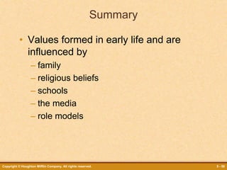 Copyright © Houghton Mifflin Company. All rights reserved. 5 - 50
Summary
• Values formed in early life and are
influenced by
– family
– religious beliefs
– schools
– the media
– role models
 