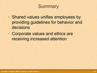 Copyright © Houghton Mifflin Company. All rights reserved. 5 - 53
Summary
• Shared values unifies employees by
providing guidelines for behavior and
decisions
• Corporate values and ethics are
receiving increased attention
 