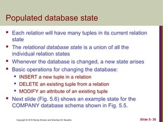 Copyright © 2016 Ramez Elmasri and Shamkant B. Navathe Slide 5- 30
Populated database state
 Each relation will have many tuples in its current relation
state
 The relational database state is a union of all the
individual relation states
 Whenever the database is changed, a new state arises
 Basic operations for changing the database:
 INSERT a new tuple in a relation
 DELETE an existing tuple from a relation
 MODIFY an attribute of an existing tuple
 Next slide (Fig. 5.6) shows an example state for the
COMPANY database schema shown in Fig. 5.5.
 