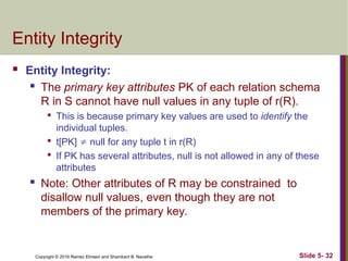 Copyright © 2016 Ramez Elmasri and Shamkant B. Navathe Slide 5- 32
Entity Integrity
 Entity Integrity:
 The primary key attributes PK of each relation schema
R in S cannot have null values in any tuple of r(R).

This is because primary key values are used to identify the
individual tuples.

t[PK]  null for any tuple t in r(R)

If PK has several attributes, null is not allowed in any of these
attributes
 Note: Other attributes of R may be constrained to
disallow null values, even though they are not
members of the primary key.
 
