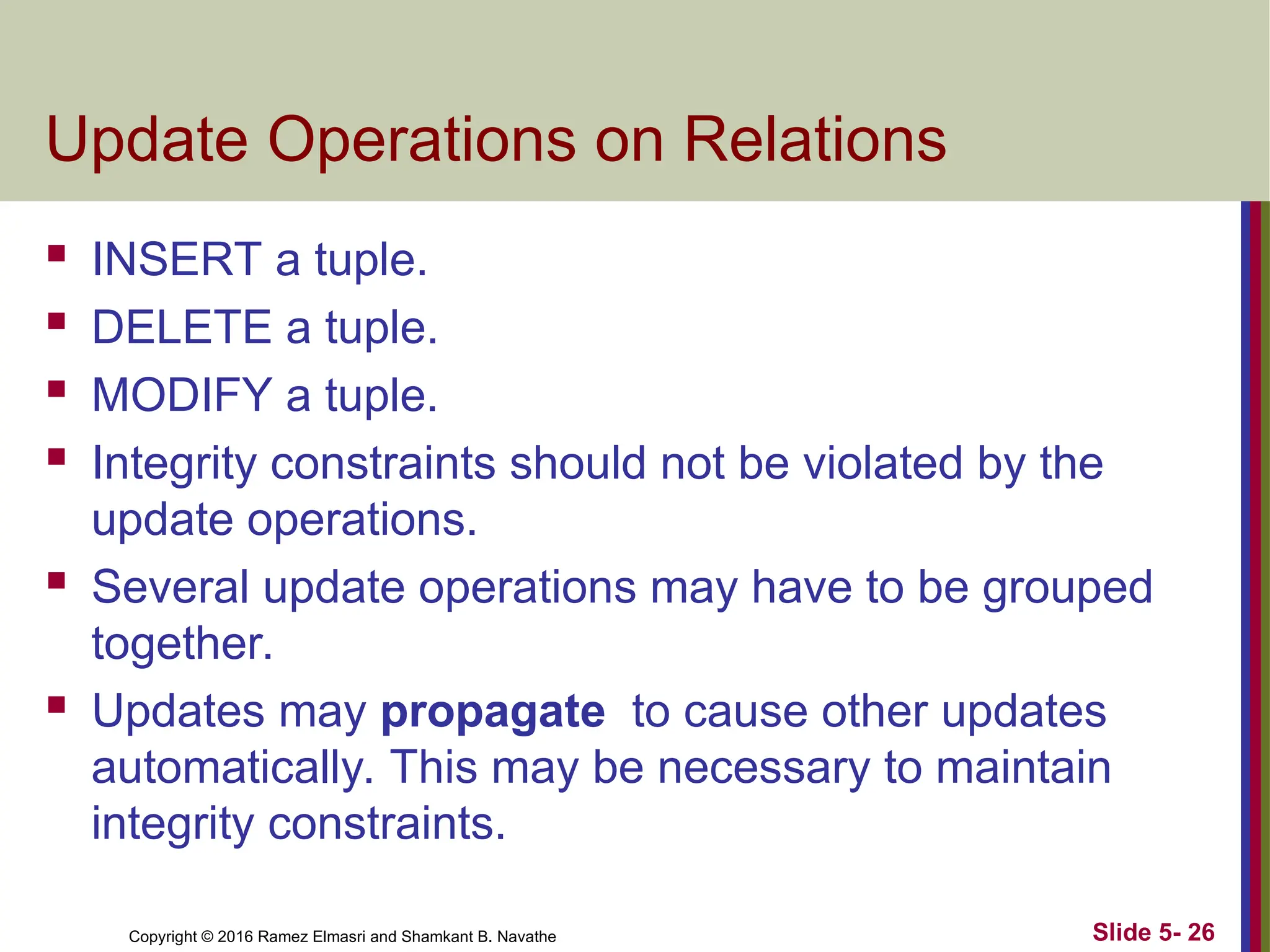 Copyright © 2016 Ramez Elmasri and Shamkant B. Navathe Slide 5- 26
Update Operations on Relations
 INSERT a tuple.
 DELETE a tuple.
 MODIFY a tuple.
 Integrity constraints should not be violated by the
update operations.
 Several update operations may have to be grouped
together.
 Updates may propagate to cause other updates
automatically. This may be necessary to maintain
integrity constraints.
 