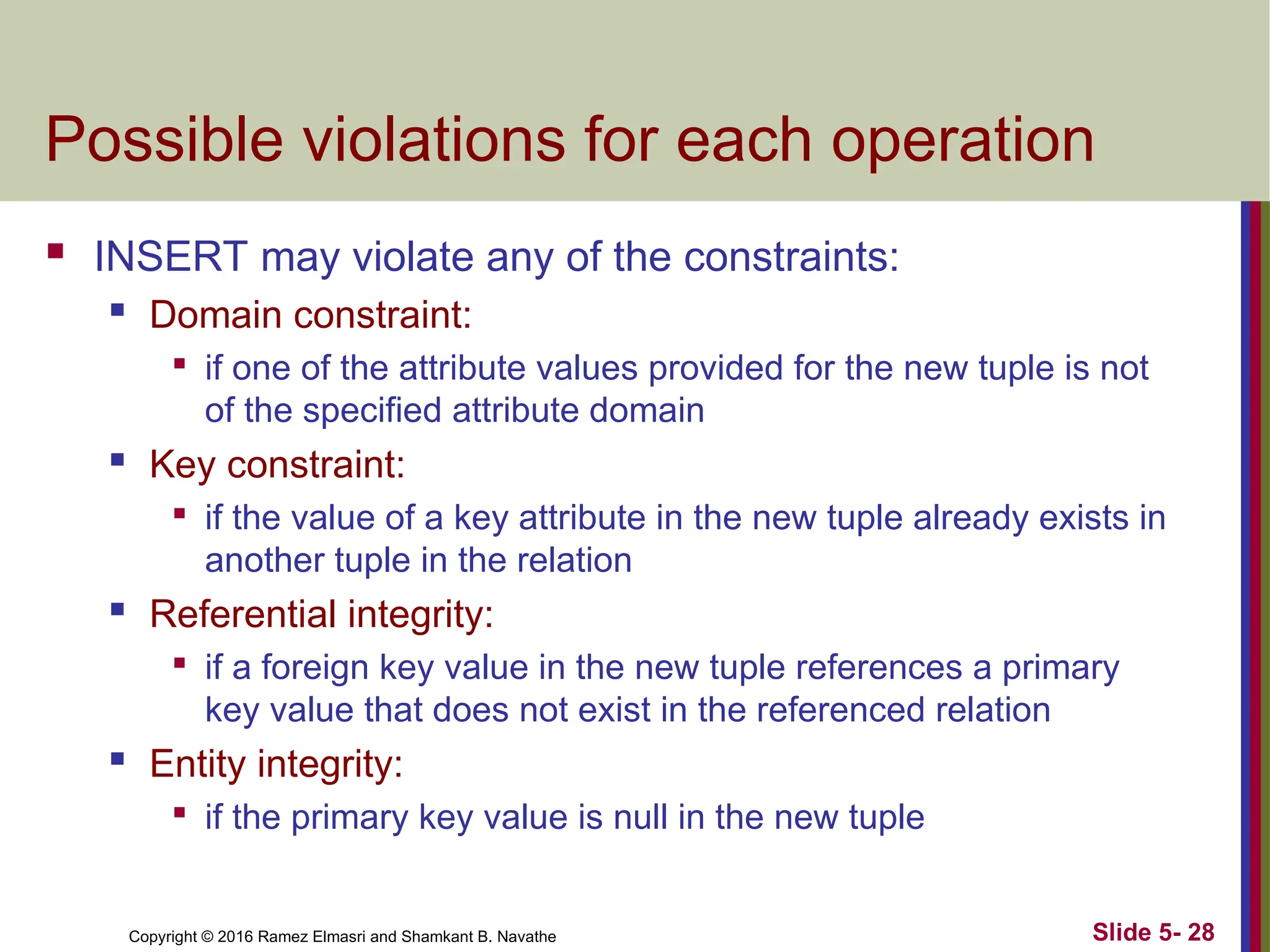 Copyright © 2016 Ramez Elmasri and Shamkant B. Navathe Slide 5- 28
Possible violations for each operation
 INSERT may violate any of the constraints:
 Domain constraint:

if one of the attribute values provided for the new tuple is not
of the specified attribute domain
 Key constraint:

if the value of a key attribute in the new tuple already exists in
another tuple in the relation
 Referential integrity:

if a foreign key value in the new tuple references a primary
key value that does not exist in the referenced relation
 Entity integrity:

if the primary key value is null in the new tuple
 