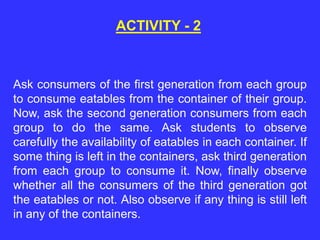 ACTIVITY - 2
Ask consumers of the first generation from each group
to consume eatables from the container of their group.
Now, ask the second generation consumers from each
group to do the same. Ask students to observe
carefully the availability of eatables in each container. If
some thing is left in the containers, ask third generation
from each group to consume it. Now, finally observe
whether all the consumers of the third generation got
the eatables or not. Also observe if any thing is still left
in any of the containers.
 