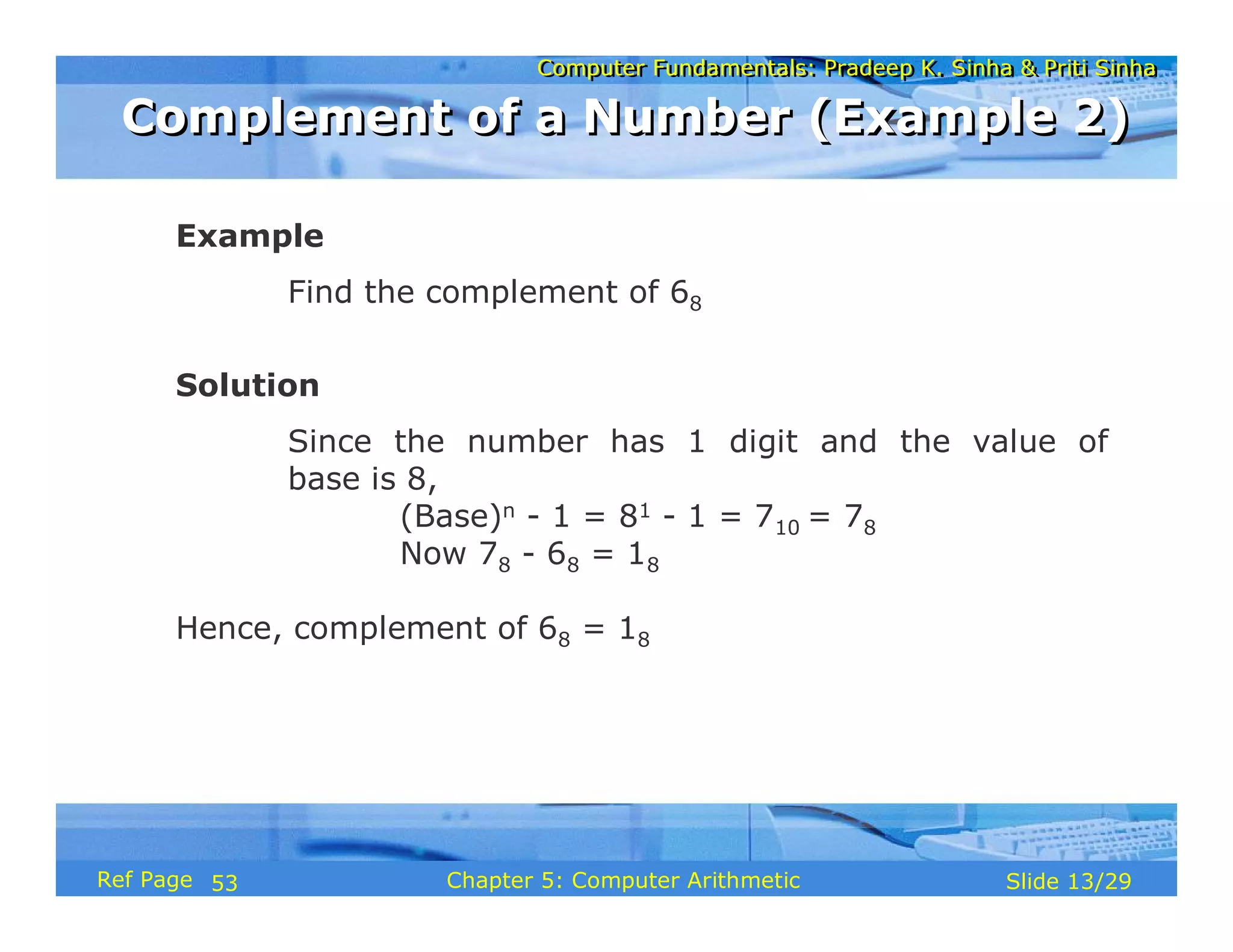Computer Fundamentals: Pradeep K. Sinha & Priti SinhaComputer Fundamentals: Pradeep K. Sinha & Priti Sinha
Slide 13/29Chapter 5: Computer ArithmeticRef Page
Example
Find the complement of 68
Solution
Since the number has 1 digit and the value of
base is 8,
(Base)n - 1 = 81 - 1 = 710 = 78
Now 78 - 68 = 18
Hence, complement of 68 = 18
Complement of a Number (Example 2)Complement of a Number (Example 2)
53
 