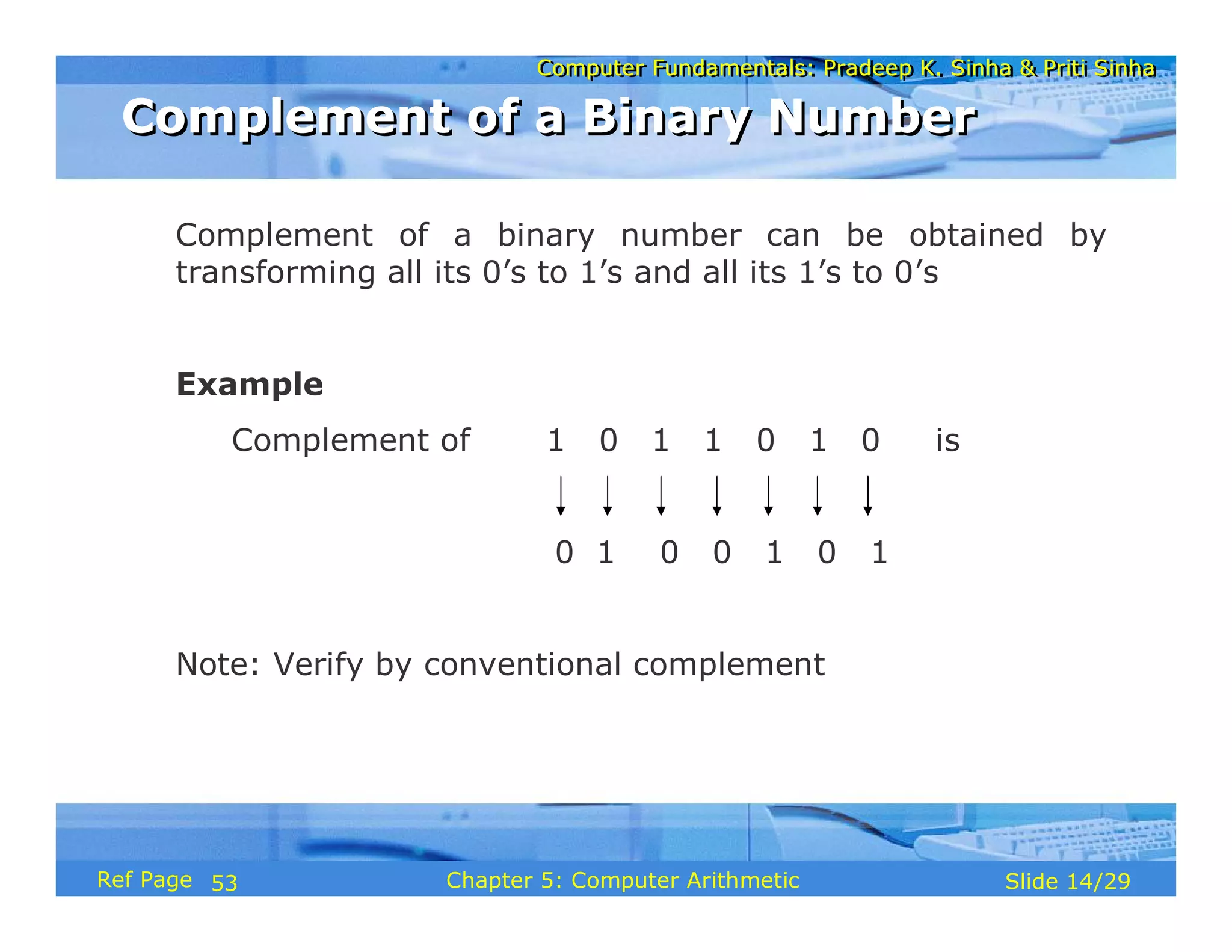 Computer Fundamentals: Pradeep K. Sinha & Priti SinhaComputer Fundamentals: Pradeep K. Sinha & Priti Sinha
Slide 14/29Chapter 5: Computer ArithmeticRef Page
Complement of a binary number can be obtained by
transforming all its 0’s to 1’s and all its 1’s to 0’s
Example
Complement of 1 0 1 1 0 1 0 is
0 1 0 0 1 0 1
Note: Verify by conventional complement
Complement of a Binary NumberComplement of a Binary Number
53
 