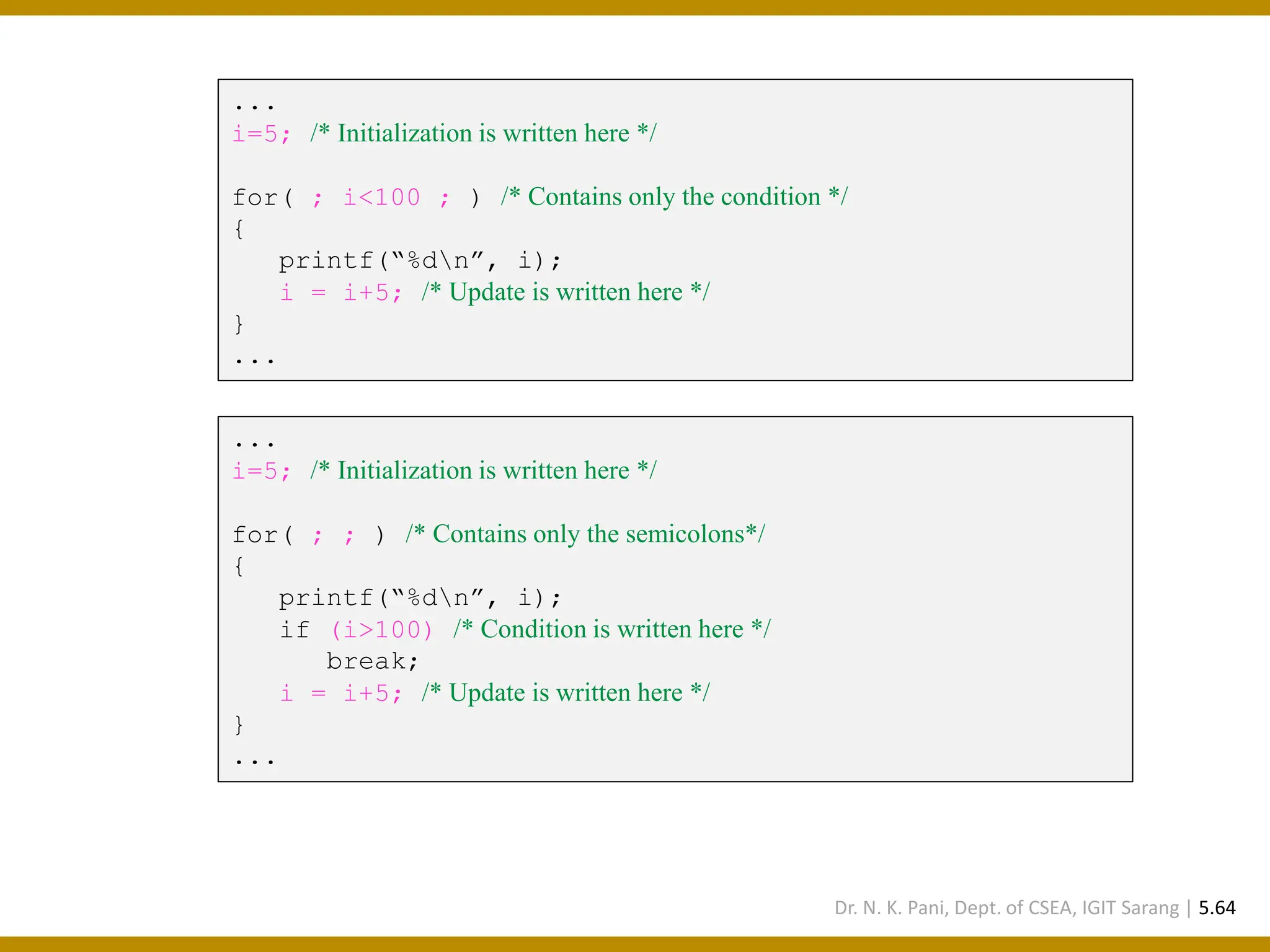 ... i=5; /* Initialization is written here */ for( ; i<100 ; ) /* Contains only the condition */ { printf(“%dn”, i); i = i+5; /* Update is written here */ } ... ... i=5; /* Initialization is written here */ for( ; ; ) /* Contains only the semicolons*/ { printf(“%dn”, i); if (i>100) /* Condition is written here */ break; i = i+5; /* Update is written here */ } ... Dr. N. K. Pani, Dept. of CSEA, IGIT Sarang | 5.64 