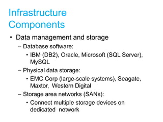 Infrastructure
Components
• Data management and storage
– Database software:
• IBM (DB2), Oracle, Microsoft (SQL Server),
...