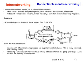Chap. 5- Net2 11
Internetworking Connectionless Internetworking
Connectionless internets operate just as connectionless networks.
• A host sends a packet to a neighboring router, which forwards it the next router, and so forth.
• Just as with connectionless networks, routers make only a best-effort attempt at delivering the packet.
Datagrams
The Network layer puts datagrams on the subnet. See Figure 5.37
Issues that must be dealt with:
• Networks with different networks protocols are tough to translate between. This is rarely attempted.
(See tunneling below.)
• Addressing - when adjacent networks have differing address schemes, the going gets tough. Again,
problems are generally insurmountable.
 