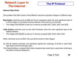 Chap. 5- Net2 22
Network Layer In
The Internet
The IP Protocol
Network Byte Order
One problem that often arises is that different machines represent integers in different ways:
Big Endian machines such as IBM and Sun-3 computers store the most significant byte of
a 32-bit integer in the lowest memory address of the word (e.g. to the left).
• The integer 0x01020304 is laid out in memory as bytes 0x01, 0x02, 0x03, and 0x04.
Little Endian machines such as the Intel Processor store the most significant byte at the
highest address.
• The integer 0x01020304 is laid out in memory as bytes 0x04, 0x03, 0x02, 0x01.
Other machines (such as DEC-10s) use 36-bit words to hold integers.
As with all network protocols, the standards specify the meanings of all bits in each field,
right down to the bit and byte order.
The Internet defines a network Big Endian standard byte order that is used when referring to
the fields of Internet datagrams.
 