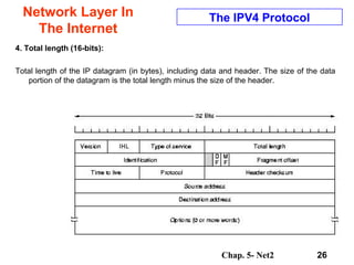 Chap. 5- Net2 26
Network Layer In
The Internet
The IPV4 Protocol
4. Total length (16-bits):
Total length of the IP datagram (in bytes), including data and header. The size of the data
portion of the datagram is the total length minus the size of the header.
 