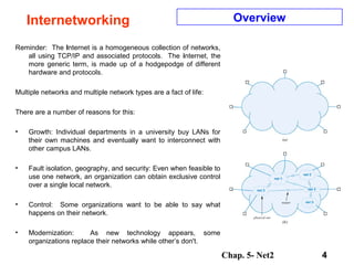 Chap. 5- Net2 4
Internetworking Overview
Reminder: The Internet is a homogeneous collection of networks,
all using TCP/IP and associated protocols. The internet, the
more generic term, is made up of a hodgepodge of different
hardware and protocols.
Multiple networks and multiple network types are a fact of life:
There are a number of reasons for this:
• Growth: Individual departments in a university buy LANs for
their own machines and eventually want to interconnect with
other campus LANs.
• Fault isolation, geography, and security: Even when feasible to
use one network, an organization can obtain exclusive control
over a single local network.
• Control: Some organizations want to be able to say what
happens on their network.
• Modernization: As new technology appears, some
organizations replace their networks while other’s don't.
 