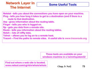 Chap. 5- Net2 73
Network Layer In
The Internet
Some Useful Tools
Find out where a web site is located.
www.netsol.com/cgi-bin/whois/whois
Netstat - tells you about the connections you have open on your machine.
Ping - tells you how long it takes to get to a destination (and if there is a
route to that destination.
Arp - gives information about the routing table.
Finger - tells you who is logged on.
ftp - gets you data from a remote site.
Route - tells you information about the routing tables.
Netsh – lots of niffty data.
Telnet – allows you to log on to a remote host.
Tracert – Find the paths to remote sites. A useful site is www.traceroute.org
These tools are available on your
windows machine in c:winntsystem32
 