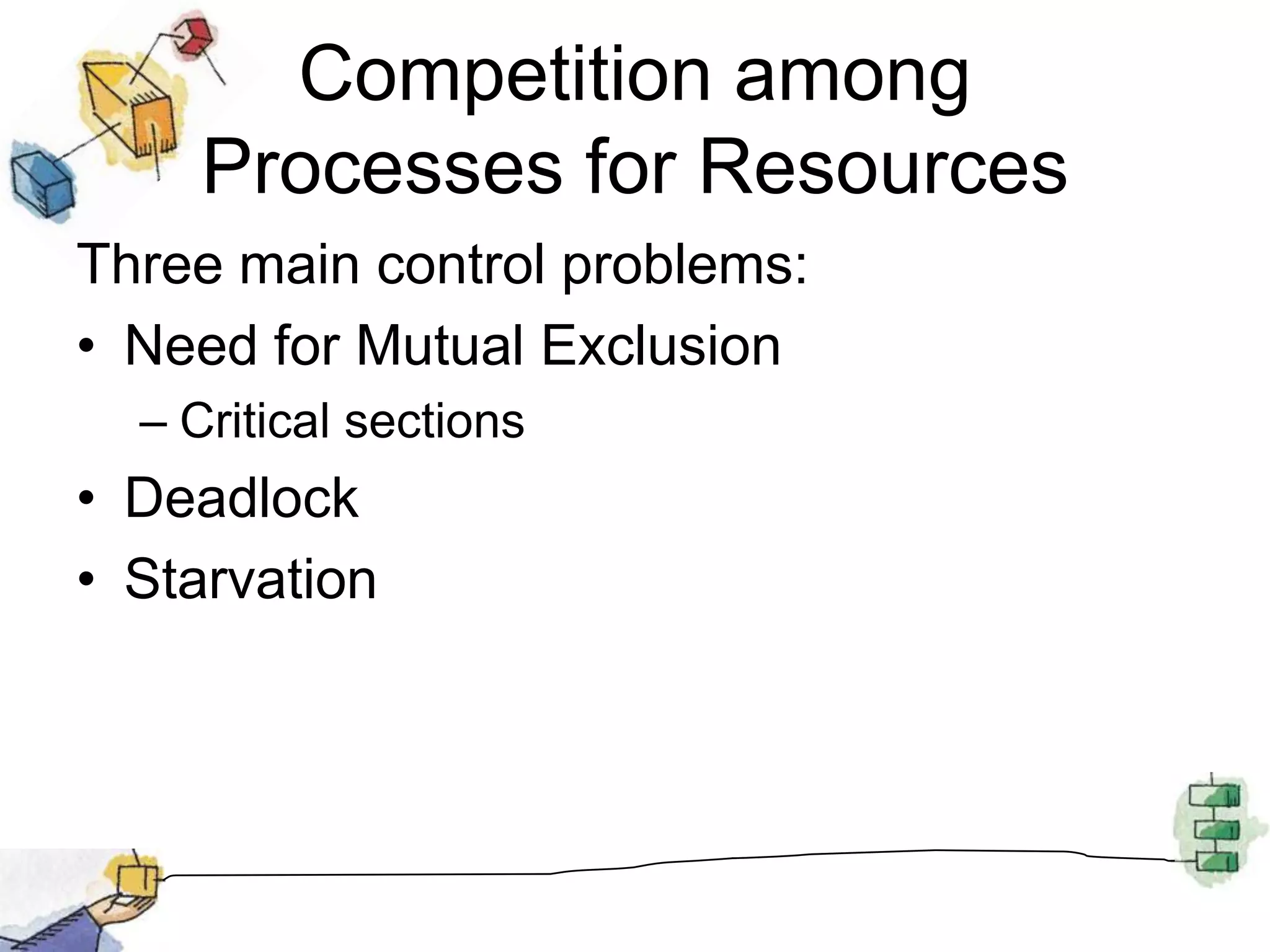 Competition among Processes for ResourcesThree main control problems:Need for Mutual ExclusionCritical sectionsDeadlockStarvation