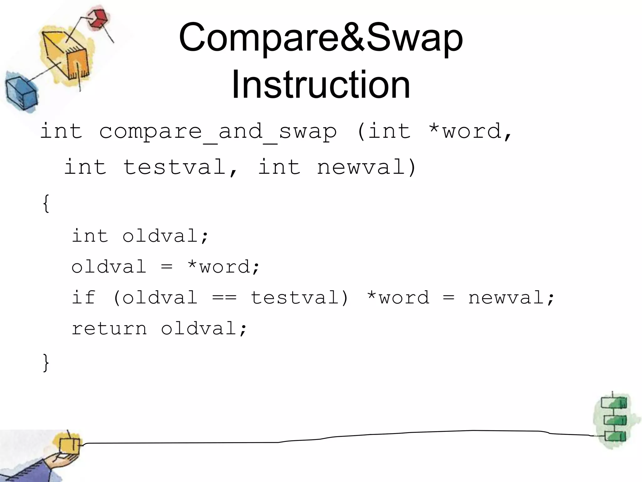 Compare&Swap Instructionint compare_and_swap (int *word, 	int testval, int newval){int oldval;oldval = *word;if (oldval == testval) *word = newval;return oldval;}