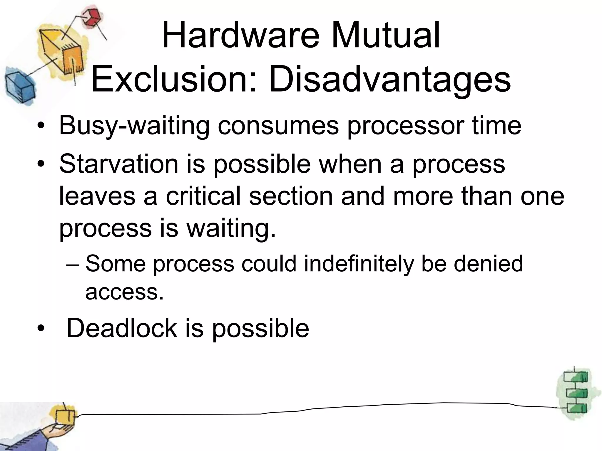 Hardware Mutual Exclusion: DisadvantagesBusy-waiting consumes processor timeStarvation is possible when a process leaves a critical section and more than one process is waiting. Some process could indefinitely be denied access. Deadlock is possible