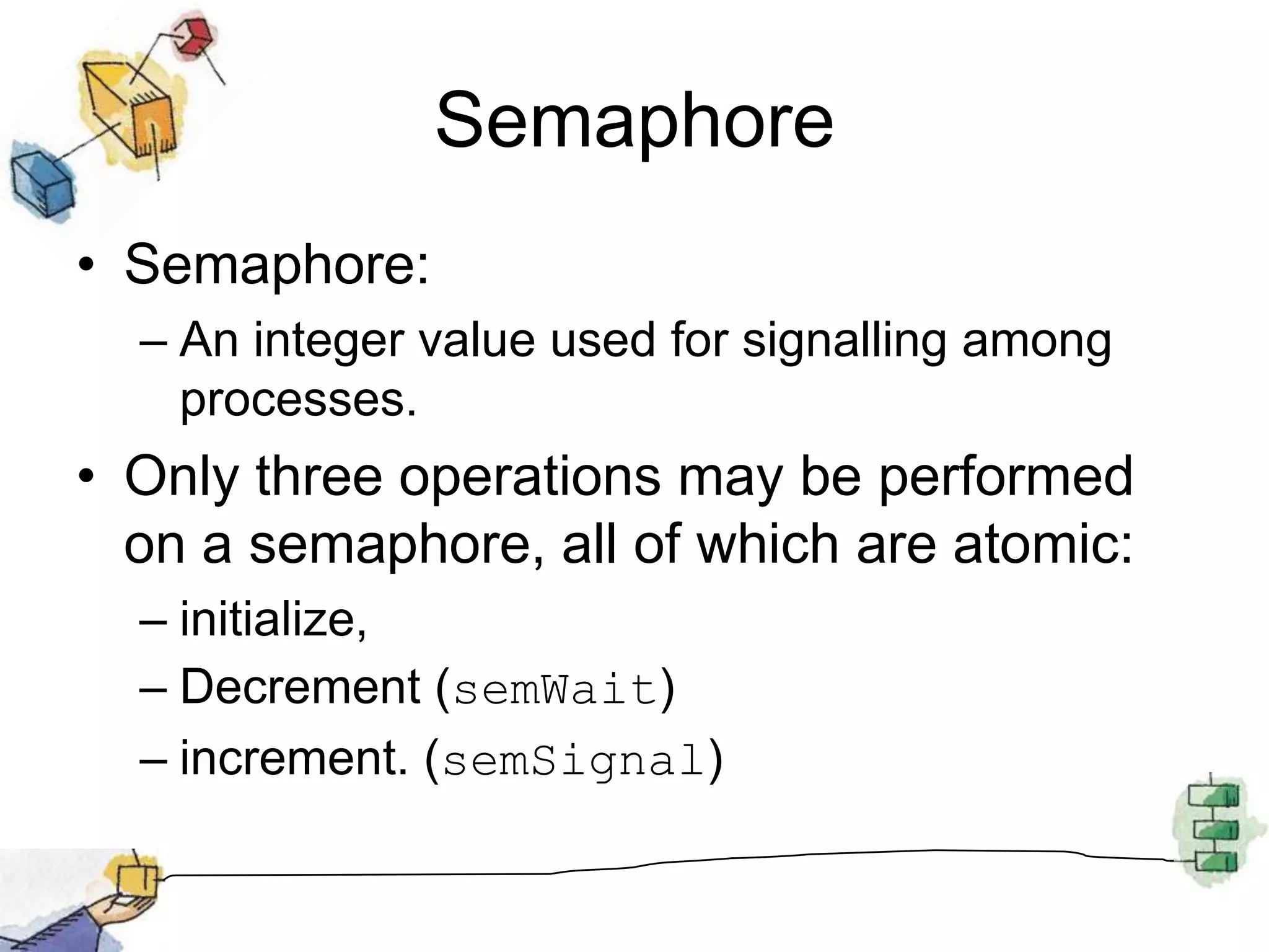 SemaphoreSemaphore:  An integer value used for signalling among processes. Only three operations may be performed on a semaphore, all of which are atomic: initialize, Decrement (semWait)increment. (semSignal)
