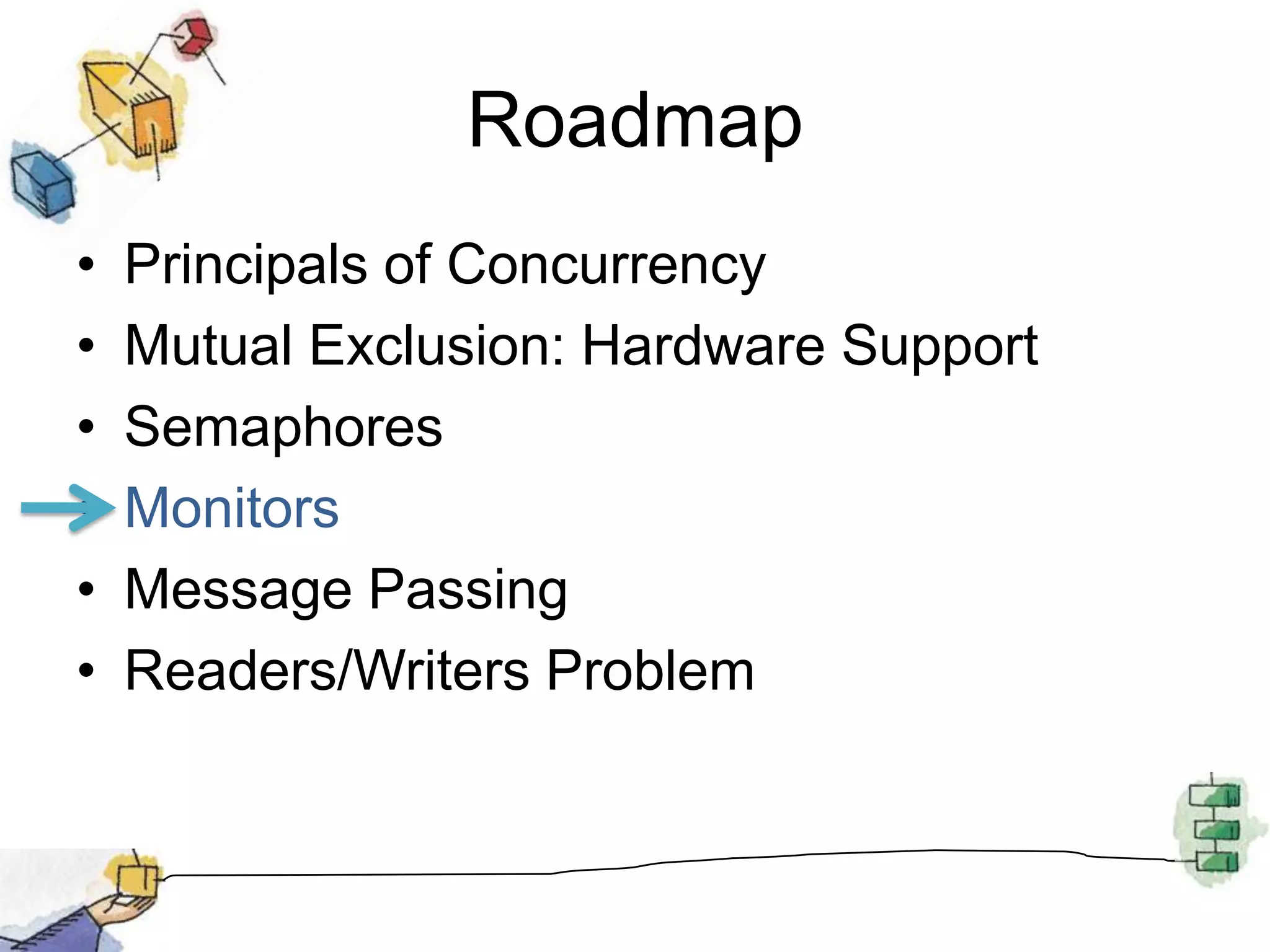 Chief characteristicsLocal data variables are accessible only by the monitorProcess enters monitor by invoking one of its proceduresOnly one process may be executing in the monitor at a time