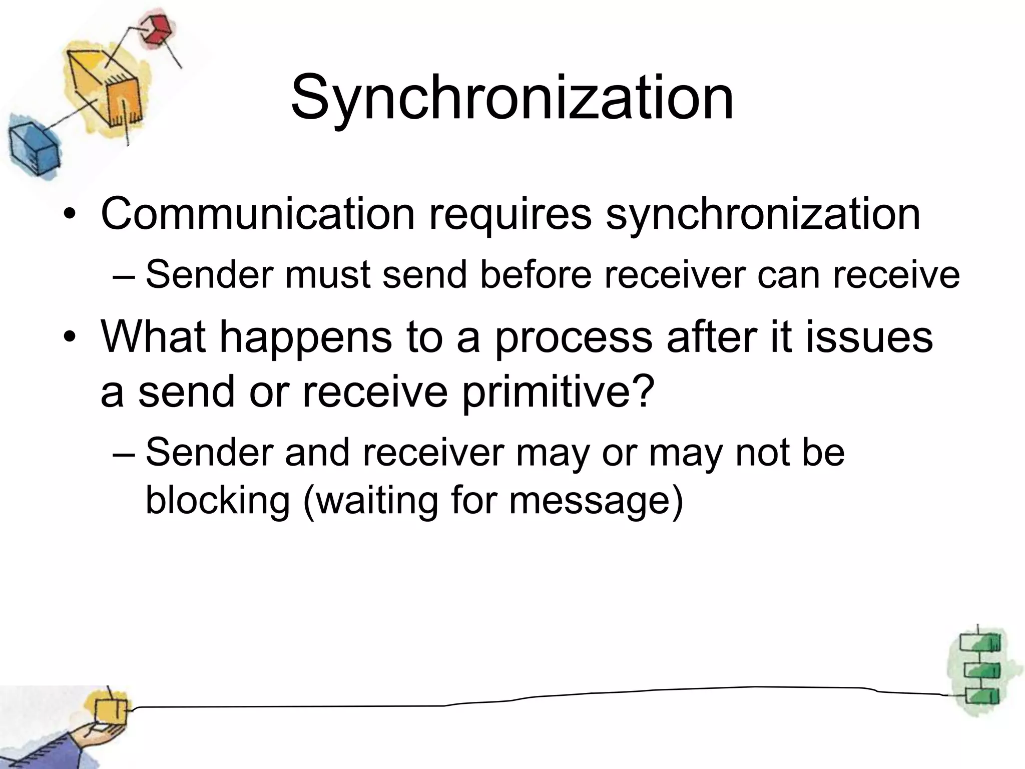 Non-blocking SendMore natural for many concurrent programming tasks.Nonblocking send, blocking receiveSender continues onReceiver is blocked until the requested message arrivesNonblocking send, nonblocking receiveNeither party is required to wait