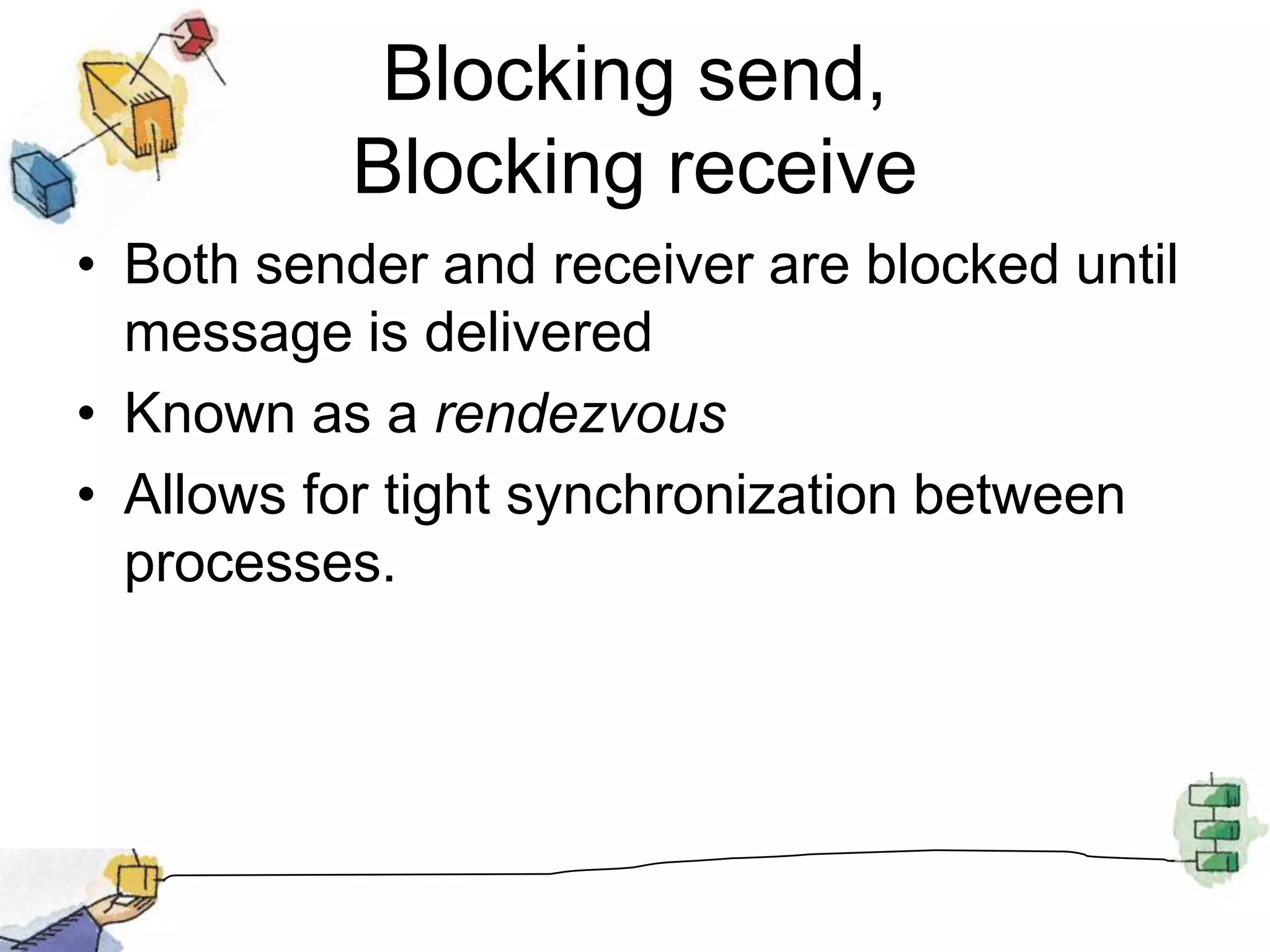 AddressingSendin process need to be able to specify which process should receive the messageDirect addressingIndirect Addressing