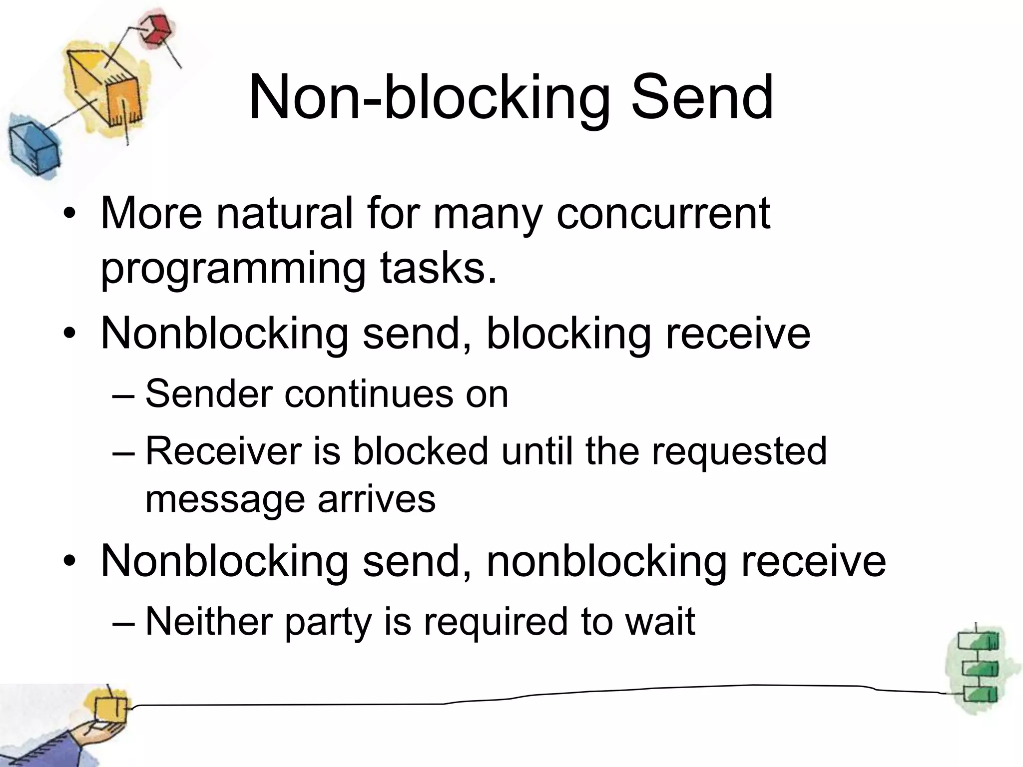 Direct AddressingSend primitive includes a specific identifier of the destination processReceive primitive could know ahead of time which process a message is expectedReceive primitive could use source parameter to return a value when the receive operation has been performed