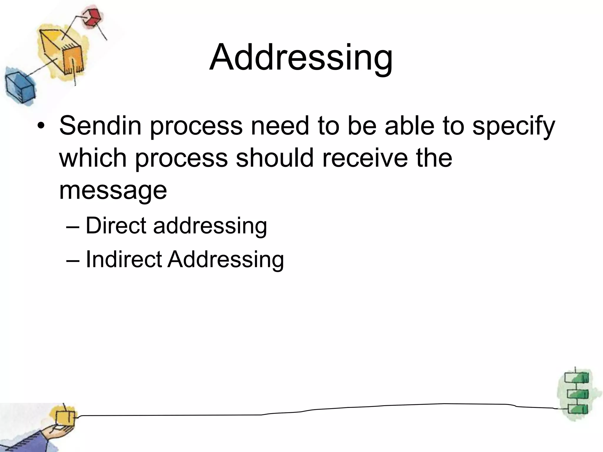 Indirect addressingMessages are sent to a shared data structure consisting of queuesQueues are called mailboxesOne process sends a message to the mailbox and the other process picks up the message from the mailbox