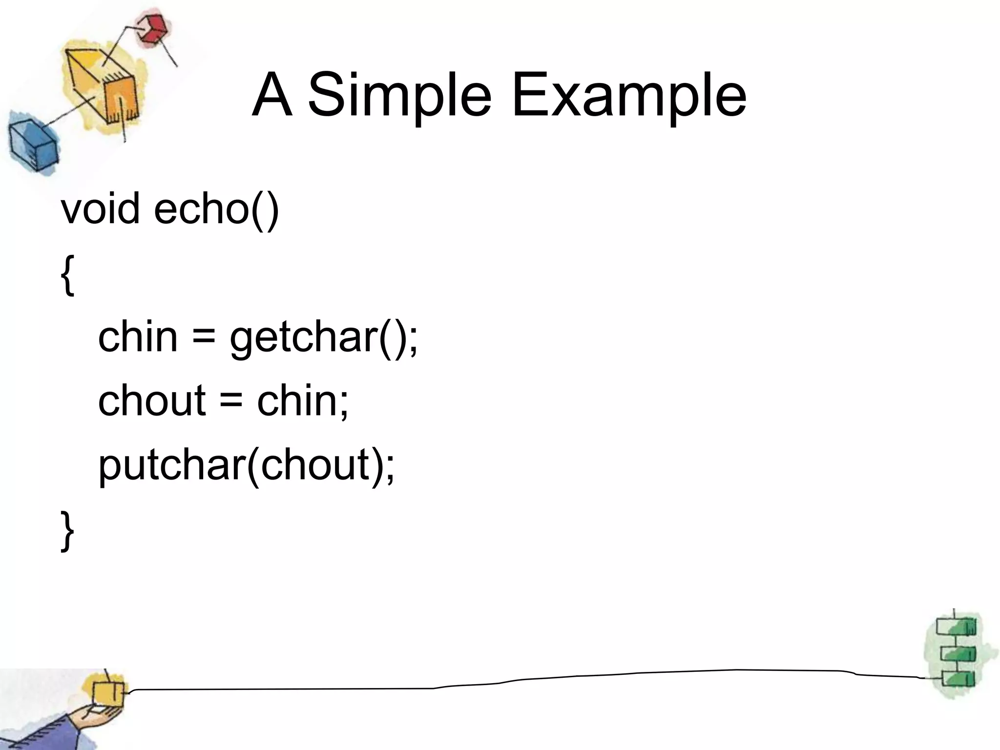 A Simple Examplevoid echo(){	chin = getchar();	chout = chin;	putchar(chout); }