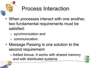 SynchronizationCommunication requires synchronizationSender must send before receiver can receiveWhat happens to a process after it issues a send or receive primitive?Sender and receiver may or may not be blocking (waiting for message)