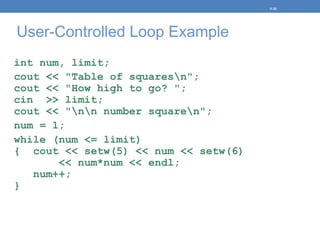 User-Controlled Loop Example
int num, limit;
cout << "Table of squaresn";
cout << "How high to go? ";
cin >> limit;
cout << "nn number squaren";
num = 1;
while (num <= limit)
{ cout << setw(5) << num << setw(6)
<< num*num << endl;
num++;
}
5-20
 