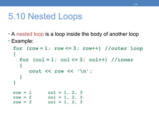 5.10 Nested Loops
• A nested loop is a loop inside the body of another loop
• Example:
for (row = 1; row <= 3; row++) //outer loop
{
for (col = 1; col <= 3; col++) //inner
{
cout << row << ‘n’;
}
}
row = 1 col = 1, 2, 3
row = 2 col = 1, 2, 3
row = 3 col = 1, 2, 3
5-39
 
