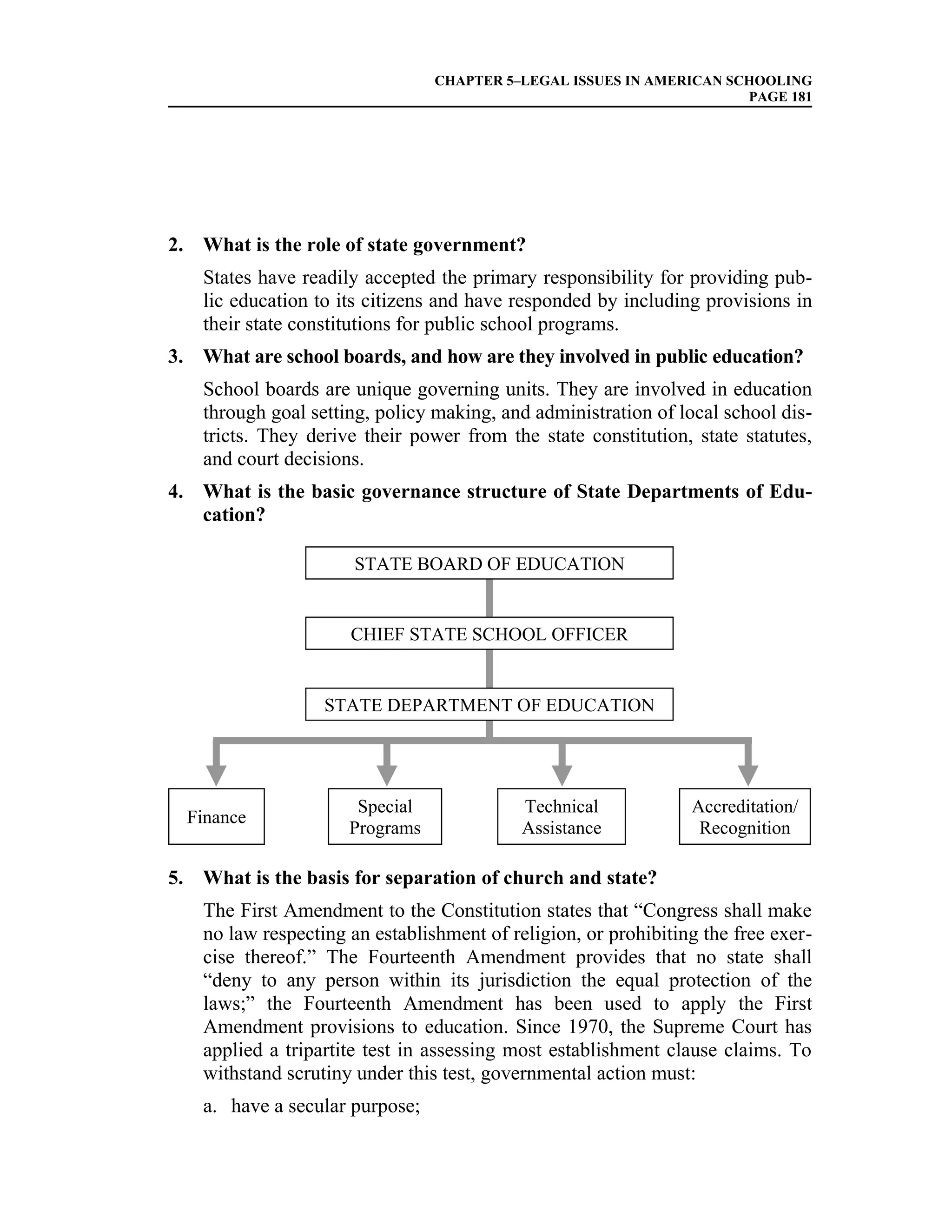 CHAPTER 5–LEGAL ISSUES IN AMERICAN SCHOOLING
                                                                      PAGE 181




2. What is the role of state government?
    States have readily accepted the primary responsibility for providing pub-
    lic education to its citizens and have responded by including provisions in
    their state constitutions for public school programs.
3. What are school boards, and how are they involved in public education?
    School boards are unique governing units. They are involved in education
    through goal setting, policy making, and administration of local school dis-
    tricts. They derive their power from the state constitution, state statutes,
    and court decisions.
4. What is the basic governance structure of State Departments of Edu-
   cation?

                       STATE BOARD OF EDUCATION


                      CHIEF STATE SCHOOL OFFICER


                   STATE DEPARTMENT OF EDUCATION




                       Special              Technical            Accreditation/
  Finance
                      Programs              Assistance            Recognition

5. What is the basis for separation of church and state?
    The First Amendment to the Constitution states that “Congress shall make
    no law respecting an establishment of religion, or prohibiting the free exer-
    cise thereof.” The Fourteenth Amendment provides that no state shall
    “deny to any person within its jurisdiction the equal protection of the
    laws;” the Fourteenth Amendment has been used to apply the First
    Amendment provisions to education. Since 1970, the Supreme Court has
    applied a tripartite test in assessing most establishment clause claims. To
    withstand scrutiny under this test, governmental action must:
    a. have a secular purpose;
 