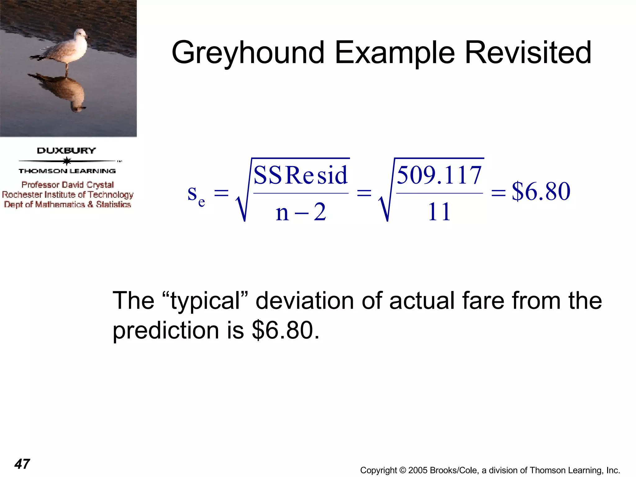 Greyhound Example Revisited The “typical” deviation of actual fare from the prediction is $6.80.  