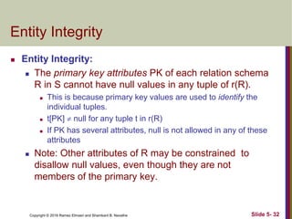 Copyright © 2016 Ramez Elmasri and Shamkant B. Navathe Slide 5- 32
Entity Integrity
 Entity Integrity:
 The primary key attributes PK of each relation schema
R in S cannot have null values in any tuple of r(R).
 This is because primary key values are used to identify the
individual tuples.
 t[PK]  null for any tuple t in r(R)
 If PK has several attributes, null is not allowed in any of these
attributes
 Note: Other attributes of R may be constrained to
disallow null values, even though they are not
members of the primary key.
 