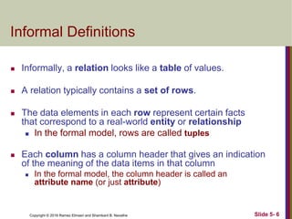 Copyright © 2016 Ramez Elmasri and Shamkant B. Navathe Slide 5- 6
Informal Definitions
 Informally, a relation looks like a table of values.
 A relation typically contains a set of rows.
 The data elements in each row represent certain facts
that correspond to a real-world entity or relationship
 In the formal model, rows are called tuples
 Each column has a column header that gives an indication
of the meaning of the data items in that column
 In the formal model, the column header is called an
attribute name (or just attribute)
 