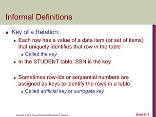 Copyright © 2016 Ramez Elmasri and Shamkant B. Navathe Slide 5- 8
Informal Definitions
 Key of a Relation:
 Each row has a value of a data item (or set of items)
that uniquely identifies that row in the table
 Called the key
 In the STUDENT table, SSN is the key
 Sometimes row-ids or sequential numbers are
assigned as keys to identify the rows in a table
 Called artificial key or surrogate key
 