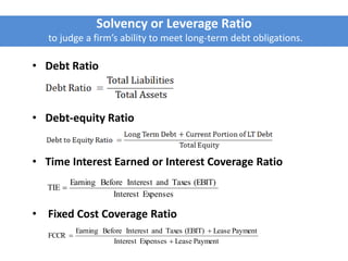 Solvency or Leverage Ratio
to judge a firm’s ability to meet long-term debt obligations.
• Debt Ratio
• Debt-equity Ratio
• Time Interest Earned or Interest Coverage Ratio
• Fixed Cost Coverage Ratio
ExpensesInterest
(EBIT)TaxesandInterestBeforeEarning
TIE 
PaymentLeaseExpensesInterest
PaymentLease(EBIT)TaxesandInterestBeforeEarning
FCCR



 