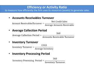 Efficiency or Activity Ratio
to measure how efficiently the firm uses its resources (assets) to generate sales.
• Accounts Receivables Turnover
• Average Collection Period
• Inventory Turnover
• Inventory Processing Period
 