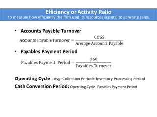 Efficiency or Activity Ratio
to measure how efficiently the firm uses its resources (assets) to generate sales.
• Accounts Payable Turnover
• Payables Payment Period
Operating Cycle= Avg. Collection Period+ Inventory Processing Period
Cash Conversion Period: Operating Cycle- Payables Payment Period
 