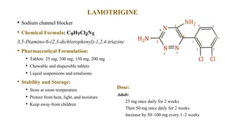 LAMOTRIGINE
• Sodium channel blocker
• Chemical Formula: C₉H₇Cl₂N₅
3,5-Diamino-6-(2,3-dichlorophenyl)-1,2,4-triazine
• Pharmaceutical Formulation:
• Tablets: 25 mg, 100 mg, 150 mg, 200 mg
• Chewable and dispersible tablets
• Liquid suspensions and emulsions
• Stability and Storage:
• Store at room temperature
• Protect from heat, light, and moisture
• Keep away from children
Dose:
Adult:
25 mg once daily for 2 weeks
Then 50 mg once daily for 2 weeks
Increase by 50–100 mg every 1–2 weeks
 