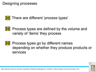 Slack, Brandon-Jones and Johnston, Essentials of Operations Management, 1st Edition, © Slack, Brandon-Jones and Johnston, 2011
Designing processes
There are different ‘process types’
Process types are defined by the volume and
variety of ‘items’ they process
Process types go by different names
depending on whether they produce products or
services
 