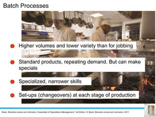 Slack, Brandon-Jones and Johnston, Essentials of Operations Management, 1st Edition, © Slack, Brandon-Jones and Johnston, 2011
Higher volumes and lower variety than for jobbing
Standard products, repeating demand. But can make
specials
Specialized, narrower skills
Set-ups (changeovers) at each stage of production
Batch Processes
 