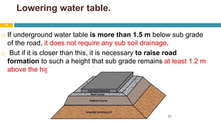 Lowering water table.
 If underground water table is more than 1.5 m below sub grade
of the road, it does not require any sub soil drainage.
 But if it is closer than this, it is necessary to raise road
formation to such a height that sub grade remains at least 1.2 m
above the highest water table.
30 August 2021
54
 