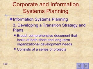 Corporate and Information
Systems Planning
Information Systems Planning
3. Developing a Transition Strategy and
Plans
 Broad, comprehensive document that
looks at both short and long-term
organizational development needs
 Consists of a series of projects
5.22
 