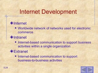Internet Development
Internet
 Worldwide network of networks used for electronic
commerce
Intranet
 Internet-based communication to support business
activities within a single organization
Extranet
 Internet-based communication to support
business-to-business activities
5.24
 