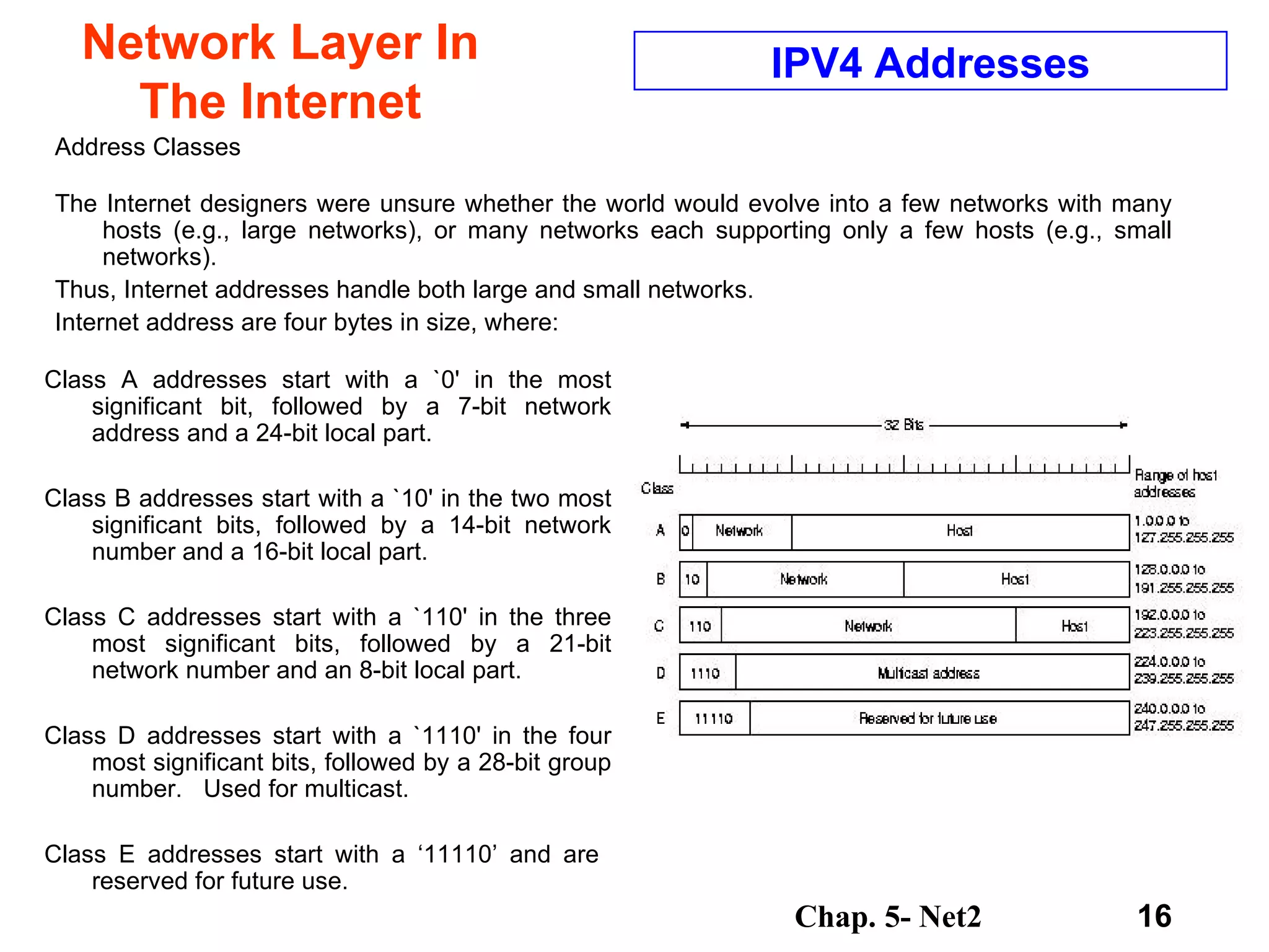 Network Layer In The Internet Class A addresses start with a `0' in the most significant bit, followed by a 7-bit network address and a 24-bit local part.  Class B addresses start with a `10' in the two most significant bits, followed by a 14-bit network number and a 16-bit local part.  Class C addresses start with a `110' in the three most significant bits, followed by a 21-bit network number and an 8-bit local part.  Class D addresses start with a `1110' in the four most significant bits, followed by a 28-bit group number.  Used for multicast. Class E addresses start with a ‘11110’ and are  reserved for future use. IPV4 Addresses Address Classes The Internet designers were unsure whether the world would evolve into a few networks with many hosts (e.g., large networks), or many networks each supporting only a few hosts (e.g., small networks).  Thus, Internet addresses handle both large and small networks.  Internet address are four bytes in size, where:  