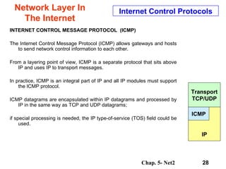 Network Layer In The Internet INTERNET CONTROL MESSAGE PROTOCOL  (ICMP)  The Internet Control Message Protocol (ICMP) allows gateways and hosts to send network control information to each other.  From a layering point of view, ICMP is a separate protocol that sits above IP and uses IP to transport messages.  In practice, ICMP is an integral part of IP and all IP modules must support the ICMP protocol.  ICMP datagrams are encapsulated within IP datagrams and processed by IP in the same way as TCP and UDP datagrams;  if special processing is needed, the IP type-of-service (TOS) field could be used.  Internet Control Protocols IP Transport TCP/UDP ICMP 